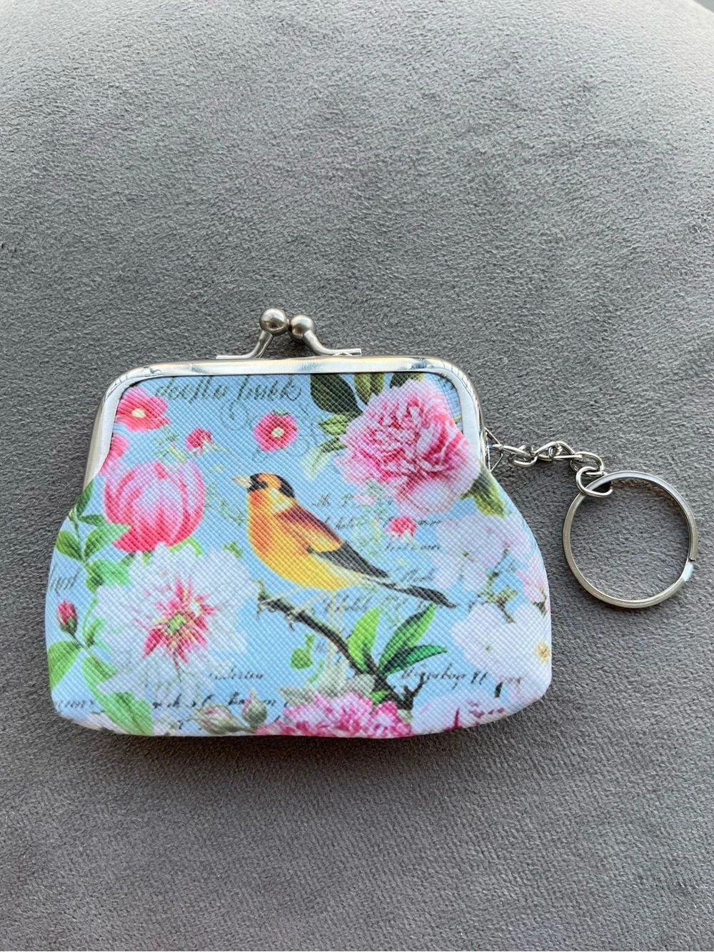 Pink Floral Bird Kiss-Lock Blue Coin Purse Keychain